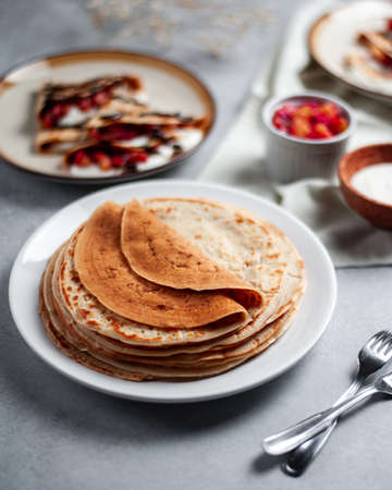 Vegan easy crepes with apples and chocolateの写真素材
