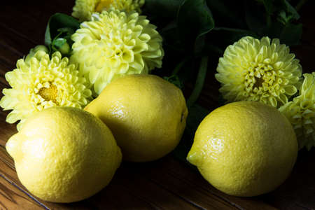 Lemons and yellow flowersの写真素材
