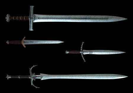 3d illustration the medieval swords isolated on black background.