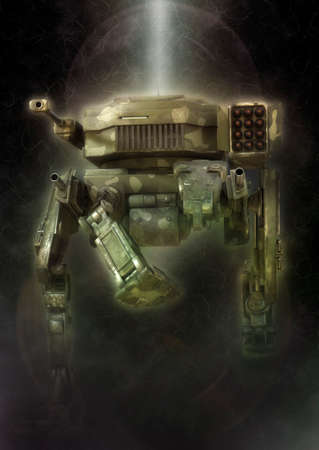 Military robot.3d illustration on a fantastic dark background.