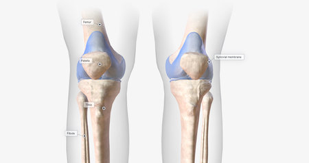 The knee joint contains ligaments, membranes, bursae, and cartilage that stabilizes the joint during flexion, extension, and rotation. 3D renderingの写真素材