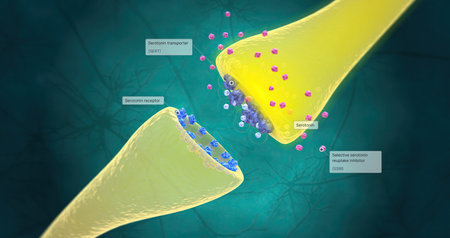 SSRIs increase the production of serotonin in the brain and also block the reuptake of serotonin into the neuron. 3D renderingの写真素材