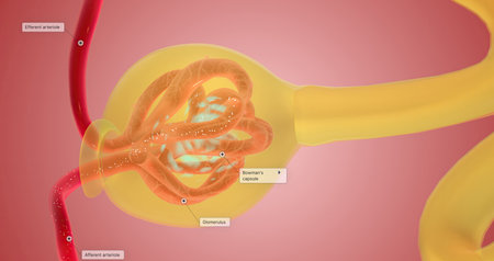 When blood reaches the kidney, the nephron filters it from fluid, red blood cells, platelets, ions, and molecular nutrients. 3d renderの写真素材