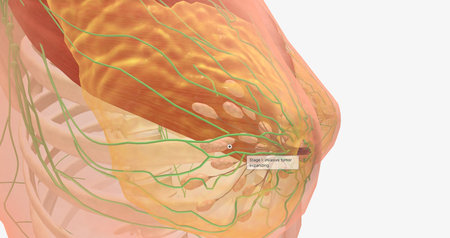 Stage I breast tumors are invasive and have started to spread to the fatty breast tissue or to nearby lymph nodes. 3D renderingの写真素材