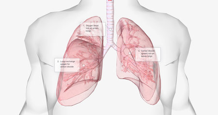 Oxygen rich air enters through your nose or mouth and reaches the lungs through your airways. 3D renderingの写真素材