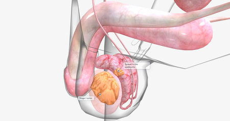 In stage IB, the tumor has spread to the epididymis or vessels within the testicle, spermatic cord, or the scrotum. 3D renderingの写真素材