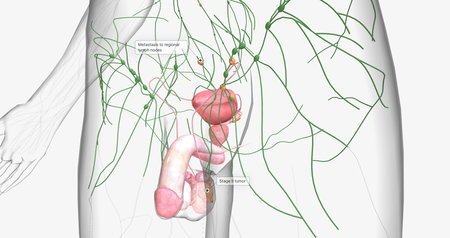 Stage II testicular cancer is characterized by the spread of cancer to nearby regional lymph nodes. 3D renderingの写真素材