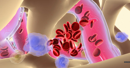 Cytokines reach the blood vessels in spongy bone. 3D renderingの写真素材