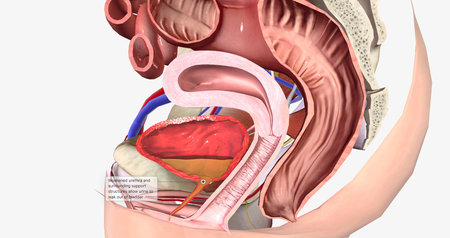 Weakened urethra and surrounding support structures allow urine to leak out of bladder 3D renderingの写真素材