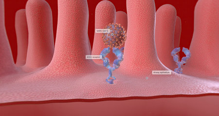 SARS-CoV-2 is taken into the cell via endocytosis. 3D renderingの写真素材