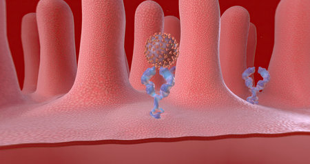 SARS-CoV-2 is taken into the cell via endocytosis. 3D renderingの写真素材
