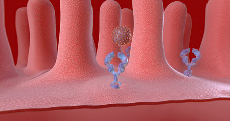 SARS-COV-2 spike protein binding to Ace2 receptor 3D renderingの写真素材