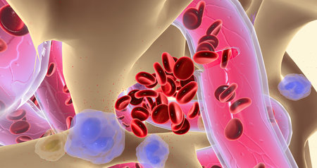 Cytokines reach the blood vessels in spongy bone. 3D renderingの写真素材