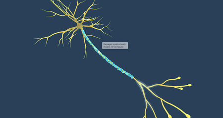 Damaged myelin sheath impairs nerve impulse 3D renderingの写真素材