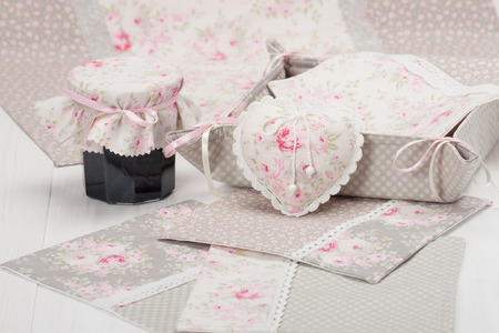 Shabby Chic. Handmade Heart, Napkins, Table Cloth, Tray. Homemade Jam.