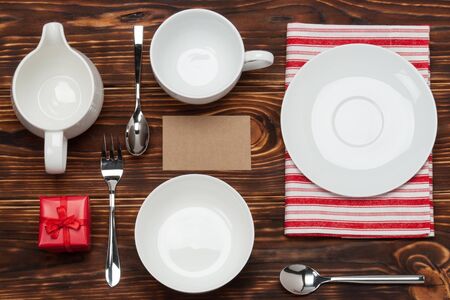 Kitchenware On Striped White Red Cotton Napkin. Gift Box. Blank Card Mock Up. Wooden Background.