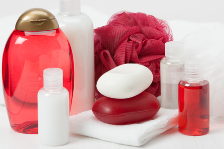 Shampoo, Soap Bar And Liquid. Toiletries, Spa Kit, Towels.の写真素材