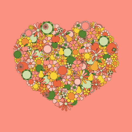 Heart Made Of  Flowers, Fruits, Leaves, Doodles. All The Elements Are Movable And Editable.のイラスト素材