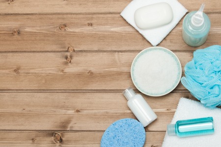 Spa Kit Top View. Shampoo, Soap Bar And Liquid. Shower Gel. Aromatherapy Salt.