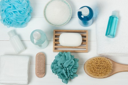 Spa Kit. Shampoo, Soap Bar And Liquid. Shower Gel, Aromatherapy Salt. Top Viewの写真素材