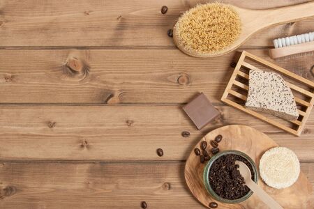 Handmade Coffee Scrub. Oat Soap. Luffa Sponge. Toiletries, Spa Set. Top View