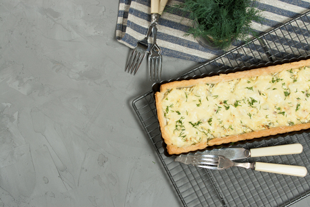 Homebaked Tart With Soft Cheese, Feta, Gouda, Dill. Baking Trayの写真素材