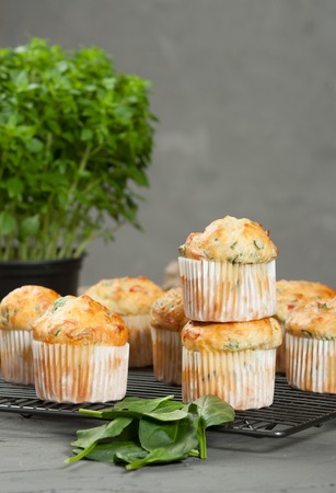 Home Baked Cheese And Vegetables Muffins With Pepper, Spinach, Sweetcorn, Mature Goudaの写真素材