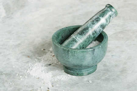 Spa Room. Aroma Salt. Mortar. Dried Lavender Flowers. Toiletriesの写真素材