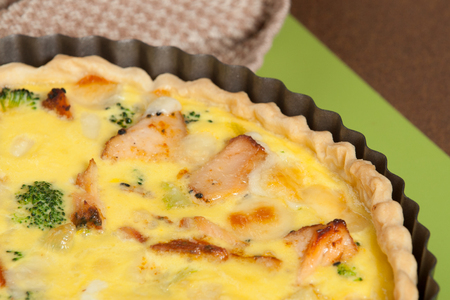 Home Baked Salmon Quiche With Broccoli. Traditional British Foodの写真素材