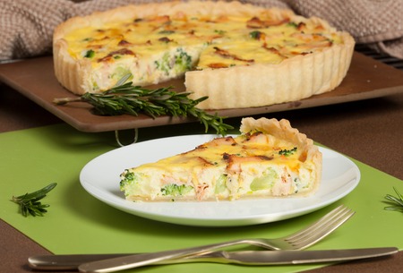 Home Baked Salmon Quiche With Broccoli. Traditional British Foodの写真素材