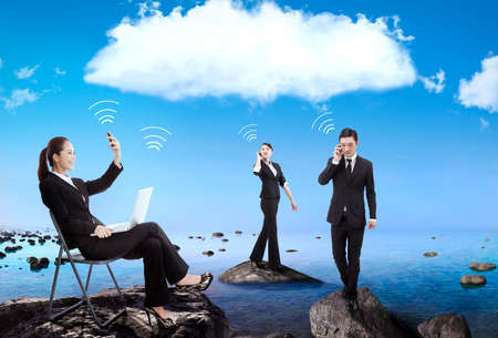 Three business people calling under white cloud