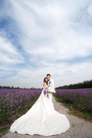 Romantic Lavender wedding coupleの写真素材