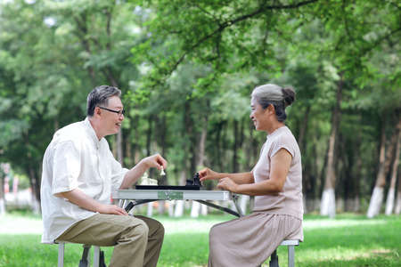 Happy old couple playing chess in the park high quality photoの写真素材