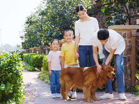 Happy family of four and pet dog in outdoor photo high quality photoの写真素材
