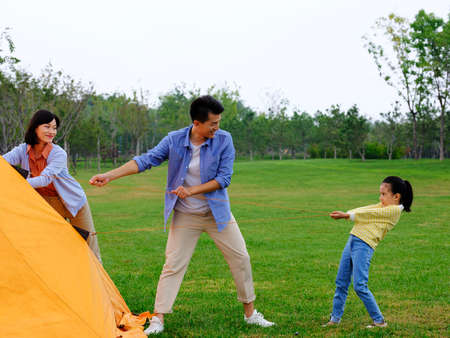 A happy family of three set up tents outdoors high quality photoの写真素材