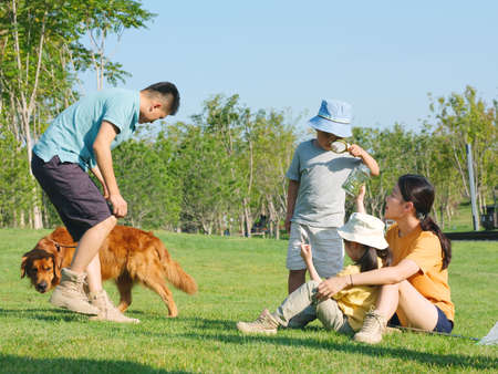 Happy family of four and pet dog playing in the park high quality photoの写真素材
