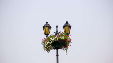 With flowers decorated street lantern in Cochem at moselle riverの写真素材