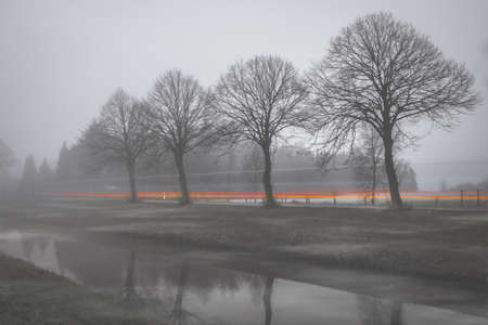 Carlights in the fog, taken at street near Wiesmoor, East Frisiaの写真素材
