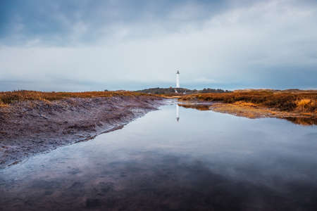 Lyngvig Fyr with reflection in a puddle after the rainの写真素材