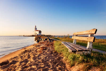 The lighthouse Paard van Marken on the dutch peninsula Marken on the Ijsselmeer. It was built in 1839.の写真素材