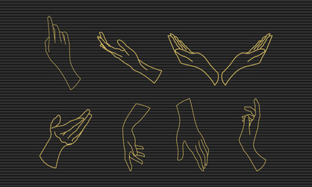 Set of hands gestures. Vector illustration in line art style on a dark background.のイラスト素材