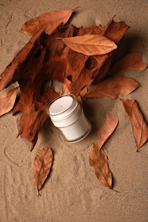cosmetic cream in a jar on a background of dry autumn leavesの写真素材