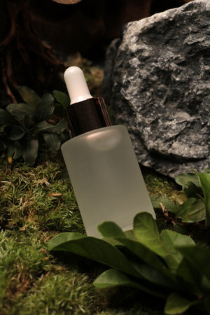 Cosmetic bottle with pipette on moss background. Beauty concept.