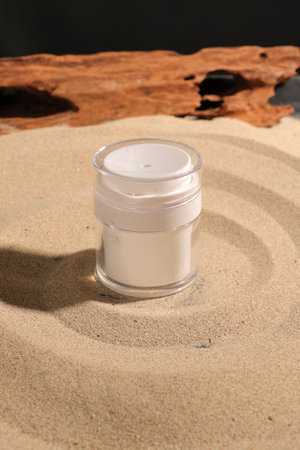 Cosmetic cream in a jar on the sand. Skin care conceptの写真素材