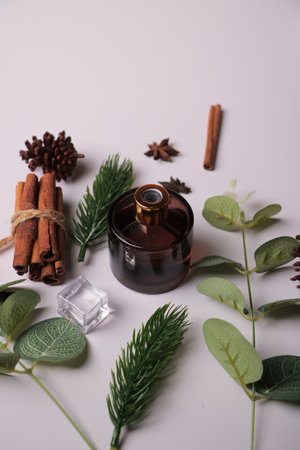 Essential oil with cinnamon, anise and eucalyptus leavesの写真素材