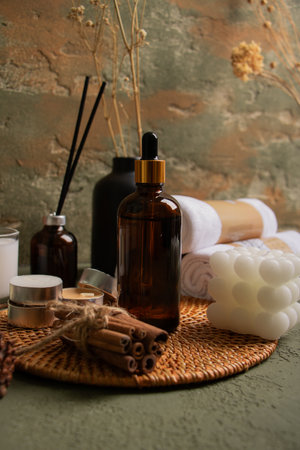 Spa still life with aroma sticks, soap and oil on tableの写真素材