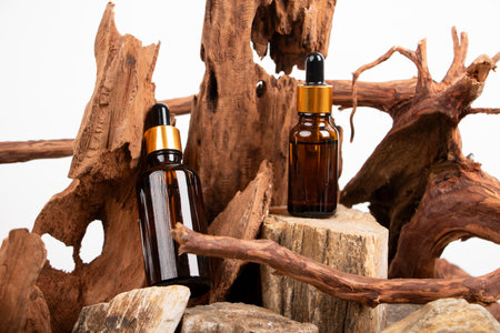 Essential oil in a glass bottle on a background of wood.の写真素材