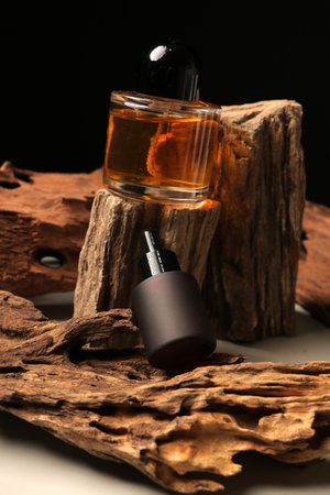 Bottle of essential oil on wooden background, closeup. Cosmetic products