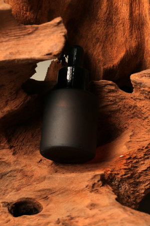 Black bottle of perfume on a wooden background. Close-up.の写真素材