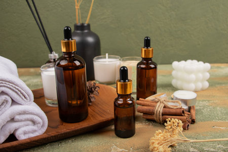 Spa still life with aroma oil, candles and towels on green backgroundの写真素材
